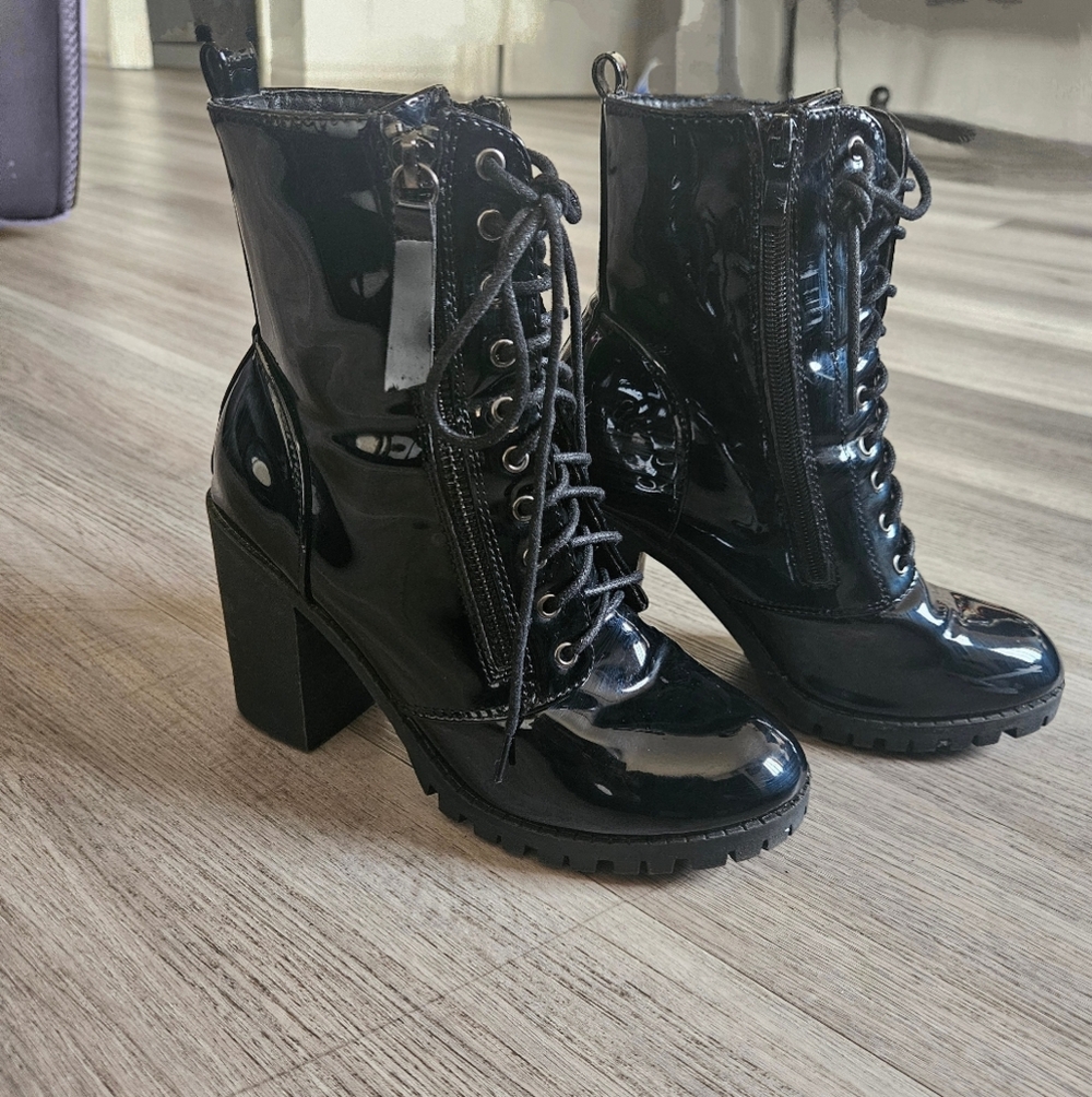 Gothic Glossy Leather Combat BootsBlackCombat Boots3.5"inch - Picture 2 of 7